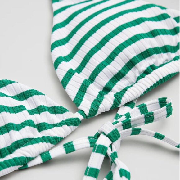 & Other Stories Green White Striped Triangle Bikini Top Tie Back Size 12 - Picture 2 of 10